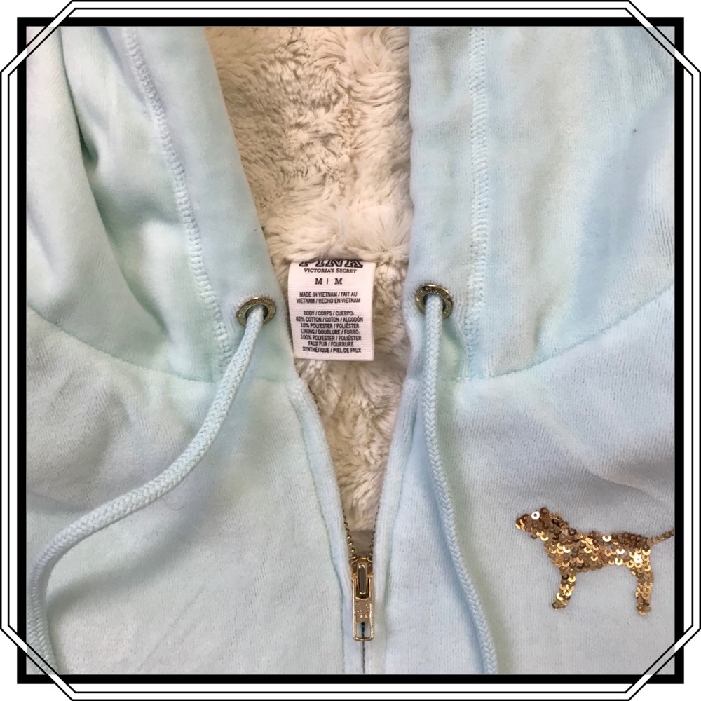 Pink By VS Blue Sequin Sherpa Hoodie M - Picture 3 of 5